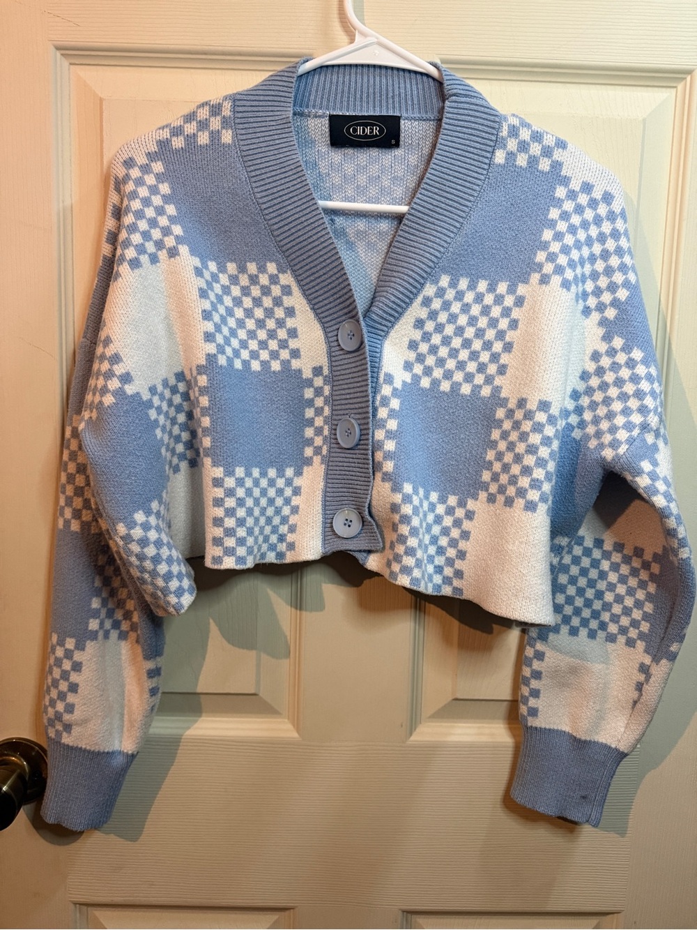Cider Light Blue & White Cropped Check Cardigan Button Front Size Small